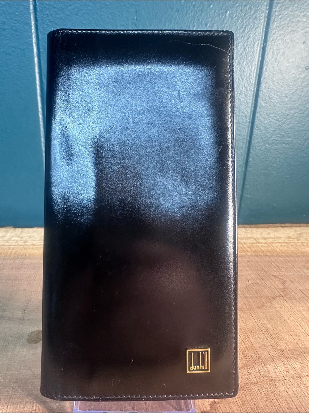 Vintage Dunhill Long Bifold Wallet Black Leather Checkbook Card Holder Gold Logo